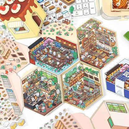 Animal Store – 3D Miniature Sticker Scenes - 4 Theme Sets: Café | Sushi Restaurant | Dessert House | Bakery