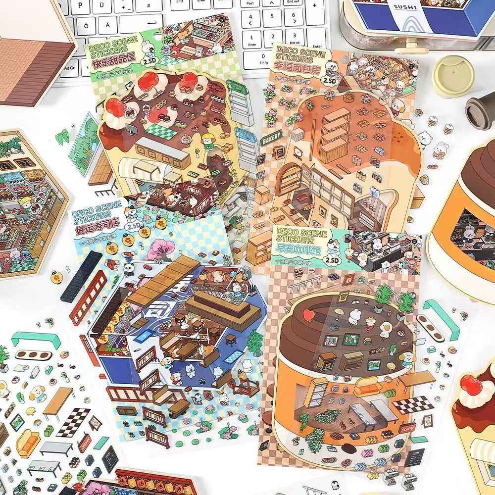 Animal Store – 3D Miniature Sticker Scenes - 4 Theme Sets: Café | Sushi Restaurant | Dessert House | Bakery