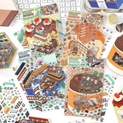 Animal Store – 3D Miniature Sticker Scenes - 4 Theme Sets: Café | Sushi Restaurant | Dessert House | Bakery