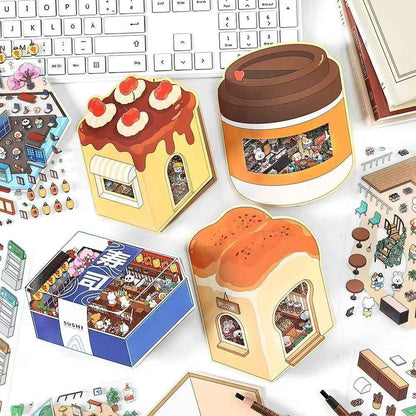 Animal Store – 3D Miniature Sticker Scenes - 4 Theme Sets: Café | Sushi Restaurant | Dessert House | Bakery