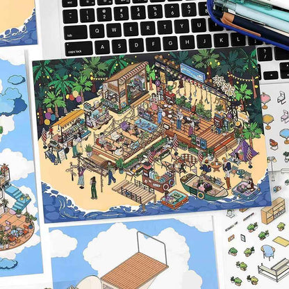 Holiday Time – Plus 3D DIY Miniature Sticker Scenes - 2 Theme Sets: Cloud Café | Island Music Festival