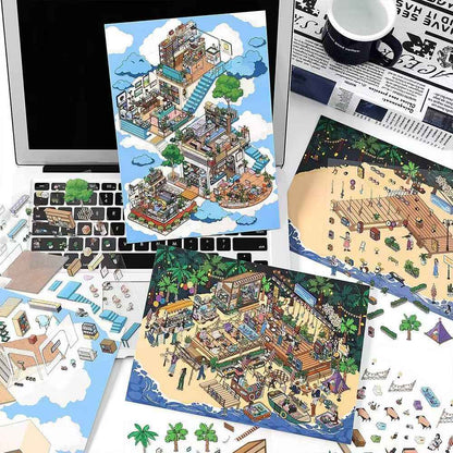 Holiday Time – Plus 3D DIY Miniature Sticker Scenes - 2 Theme Sets: Cloud Café | Island Music Festival