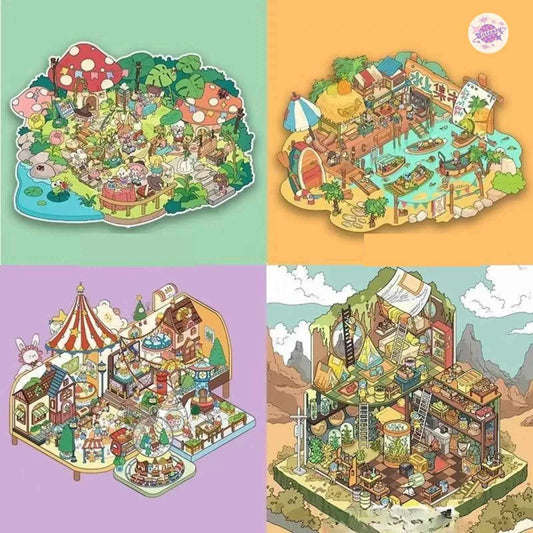 Original Magic Market Series – 3D DIY Miniature Sticker Scenes - 4 Theme Sets: Magic Market | Floating Market | Elf Town | Desert Shelter