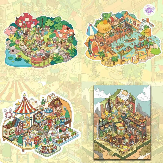 Original Magic Market Series – 3D DIY Miniature Sticker Scenes - 4 Theme Sets: Magic Market | Floating Market | Elf Town | Desert Shelter