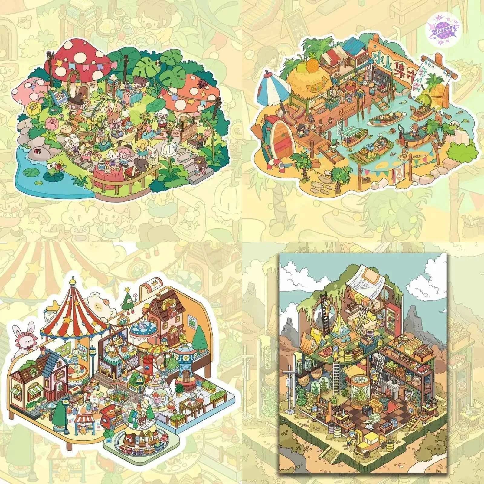 Original Magic Market Series – 3D DIY Miniature Sticker Scenes - 4 Theme Sets: Magic Market | Floating Market | Elf Town | Desert Shelter