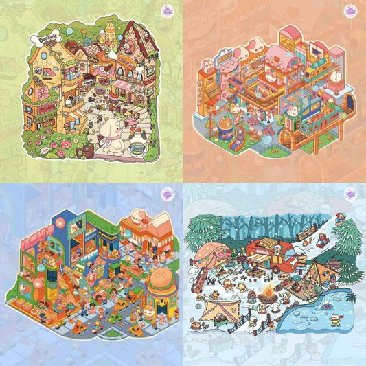 Original Plus 4-Theme 3D DIY Miniature Sticker Scenes: Snow Camping | Bone Street | Milky Supermarket | Milky Station