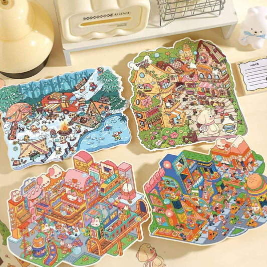 Original Plus 4-Theme 3D DIY Miniature Sticker Scenes: Snow Camping | Bone Street | Milky Supermarket | Milky Station
