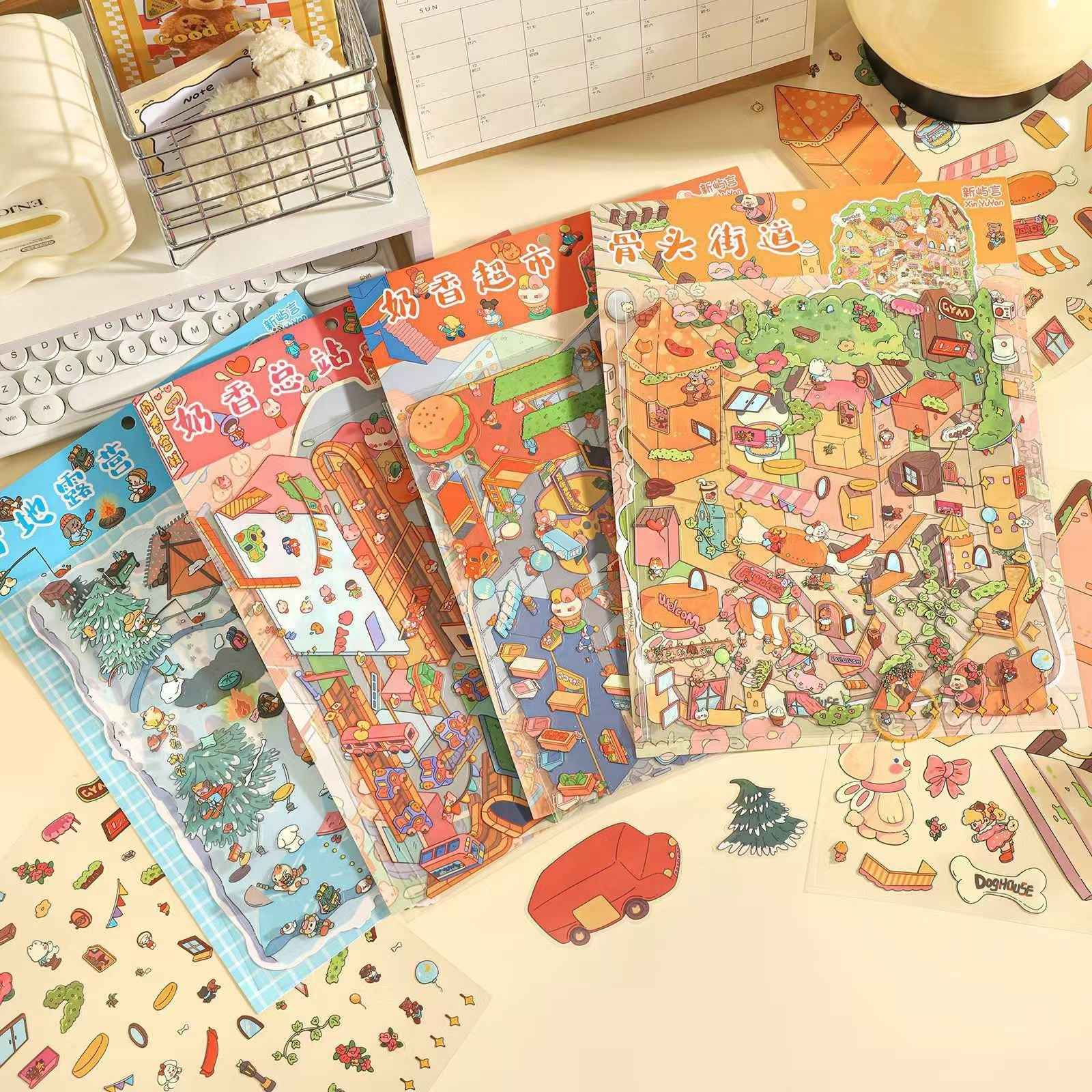 Original Plus 4-Theme 3D DIY Miniature Sticker Scenes: Snow Camping | Bone Street | Milky Supermarket | Milky Station