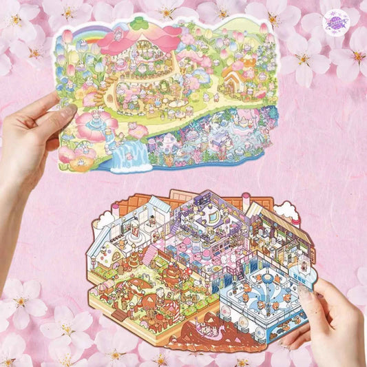 Fun World – 3D DIY Miniature Sticker Scenes - 2 Theme Sets: Chocolate Factory | Rainbow Fairyland