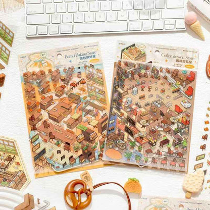 Micro Mini Shop - 3D DIY Miniature Sticker Scenes - 2 Theme Sets Coffee & Dessert Shop  Bread & Bakery Shop