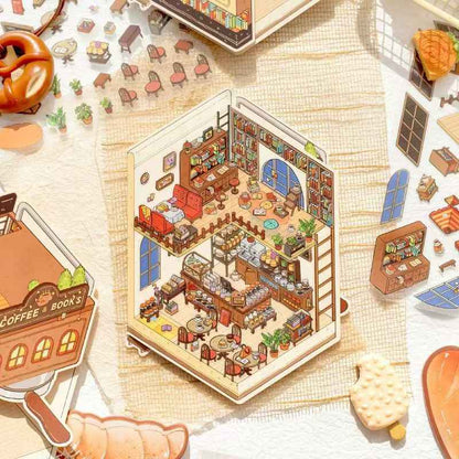 Micro Mini Shop - 3D DIY Miniature Sticker Scenes - 2 Theme Sets Coffee & Dessert Shop  Bread & Bakery Shop