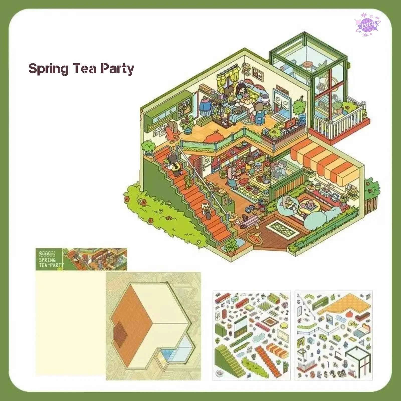 Beautiful Spring 1.0 – 3D DIY Miniature Sticker Scenes - 4 Theme Sets: Spring Tea Party | Ocean Library | Board Game Warehouse | Rabbit Flower Shop