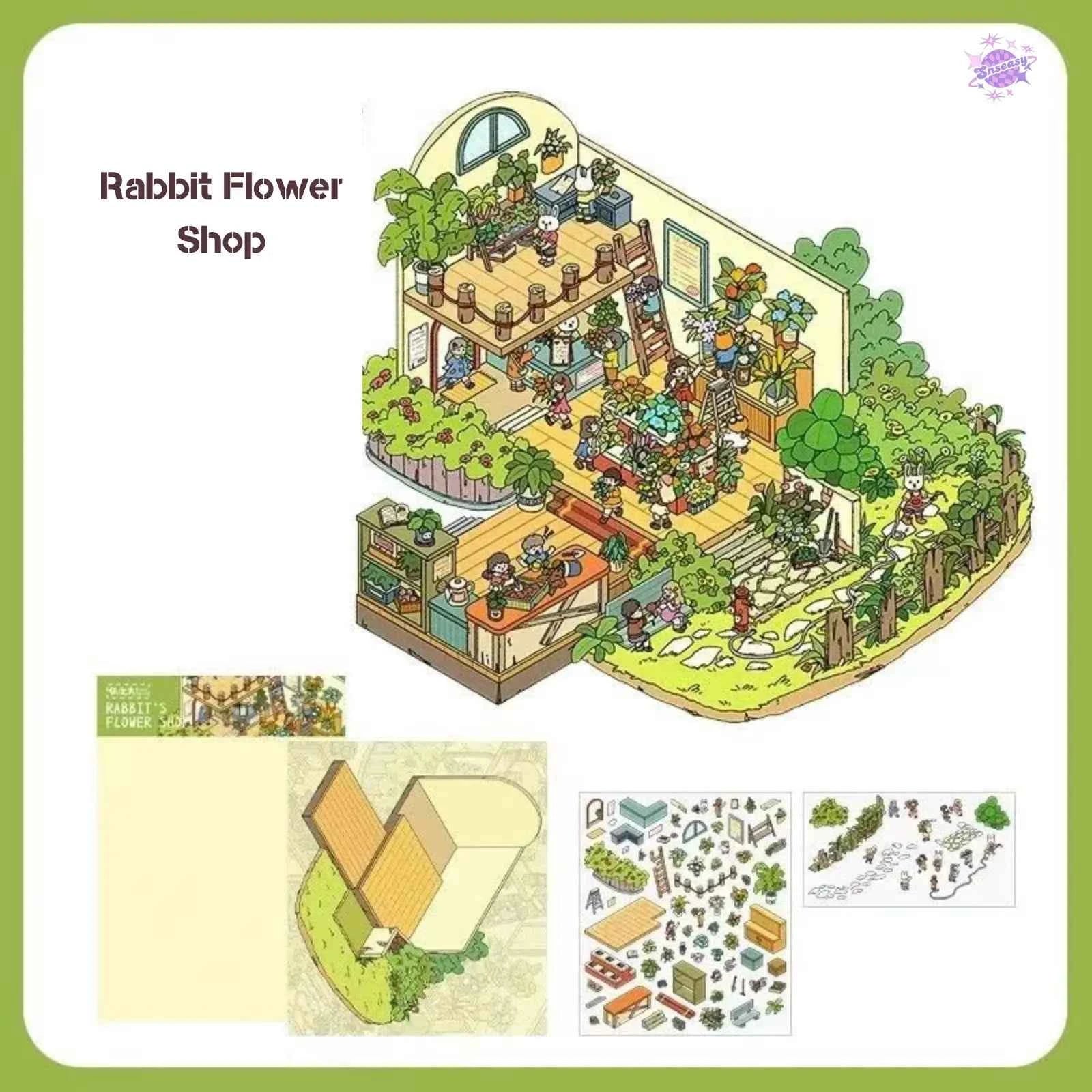 Beautiful Spring 1.0 – 3D DIY Miniature Sticker Scenes - 4 Theme Sets: Spring Tea Party | Ocean Library | Board Game Warehouse | Rabbit Flower Shop