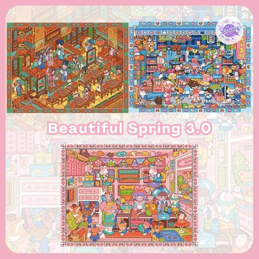 Beautiful Spring 3.0 Plus – 3D DIY Miniature Sticker Scenes - 3 Theme Sets: Fabric Shop | Convenience Store | Pear Garden Stage
