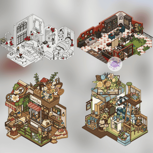 Romantic Rooms – 3D Miniature Sticker Scenes - 4 Theme Sets: Rose, Piano & Poetry | Forest Bakery | Antique Flower Shop | Vintage Living Room