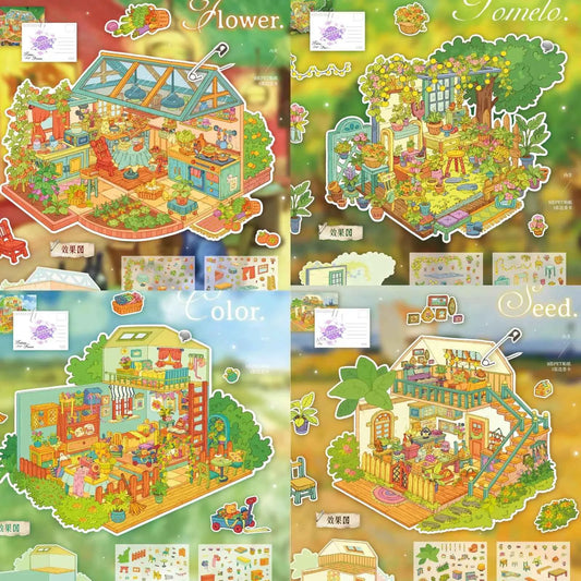 Evening Garden – 3D DIY Miniature Sticker Scenes - 4 Theme Sets: Balloon Flower & Wood | Lemon Yuzu Mountain | Clear Scent Tea Poetry | Pine & Sunflower Charm