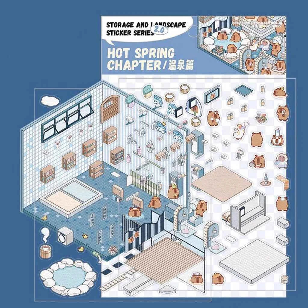 3D Scene Stickers - 8 Themes - Supermarket | Bookstore | Coffee Shop | Restaurant | Warm Home | Hot Spring | Gymnasium | Music Bar - SNSEASY