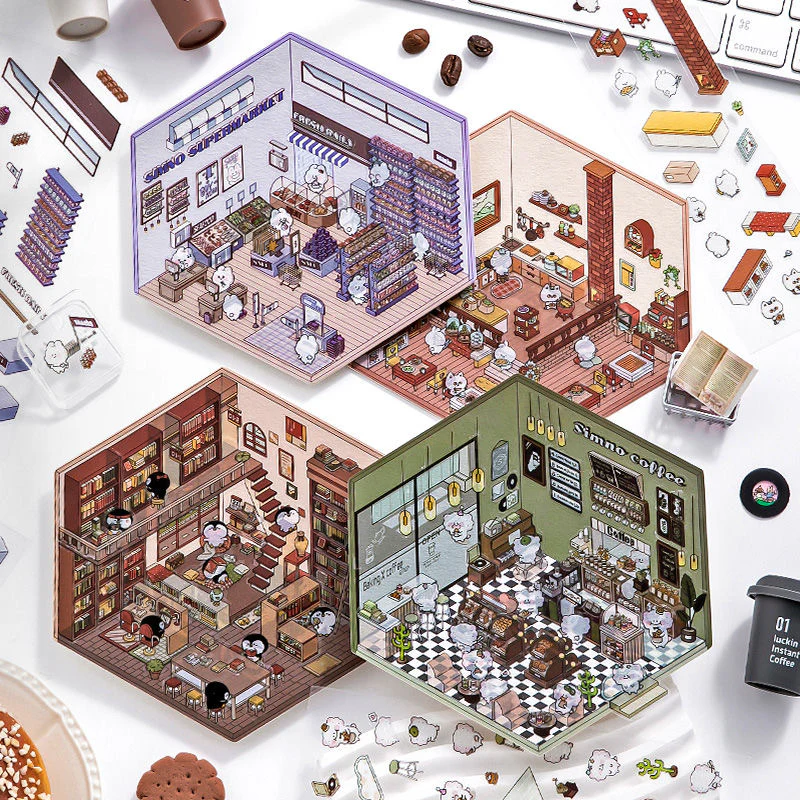 3D Scene Stickers - 8 Themes - Supermarket | Bookstore | Coffee Shop | Restaurant | Warm Home | Hot Spring | Gymnasium | Music Bar - SNSEASY