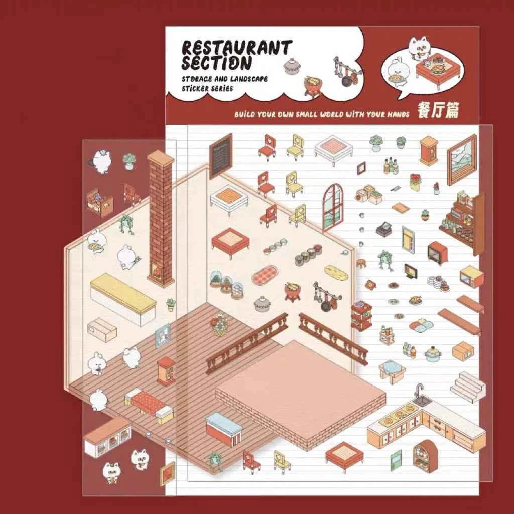 3D Scene Stickers - 8 Themes - Supermarket | Bookstore | Coffee Shop | Restaurant | Warm Home | Hot Spring | Gymnasium | Music Bar - SNSEASY