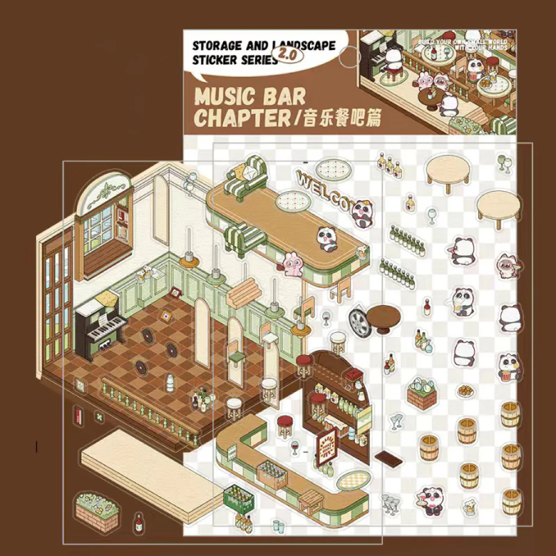 3D Scene Stickers - 8 Themes - Supermarket | Bookstore | Coffee Shop | Restaurant | Warm Home | Hot Spring | Gymnasium | Music Bar - SNSEASY