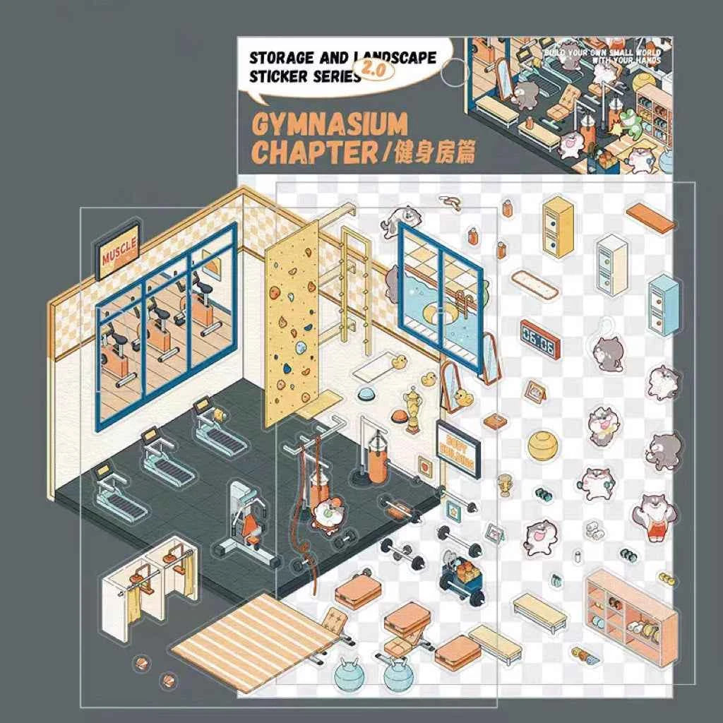 3D Scene Stickers - 8 Themes - Supermarket | Bookstore | Coffee Shop | Restaurant | Warm Home | Hot Spring | Gymnasium | Music Bar - SNSEASY