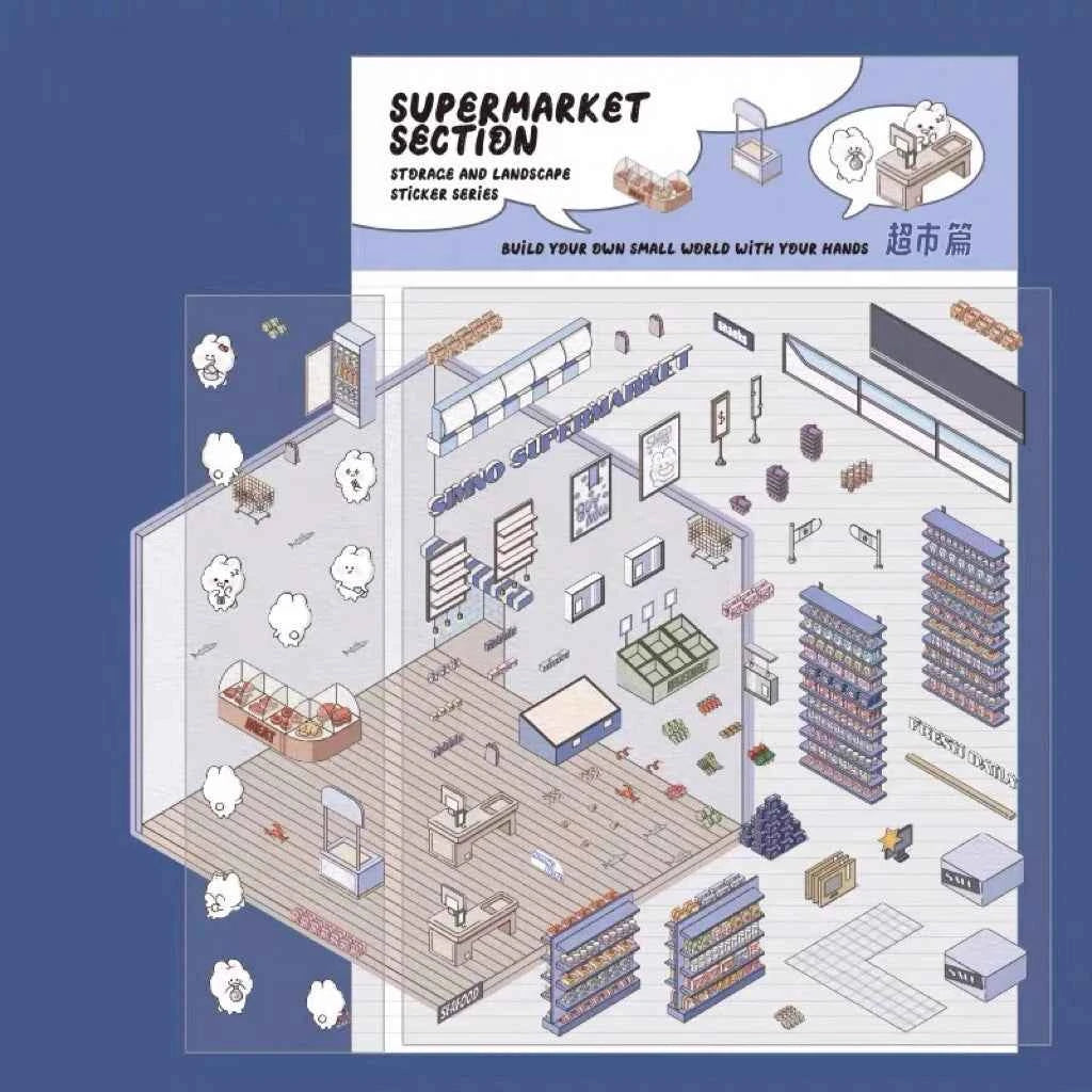 3D Scene Stickers - 8 Themes - Supermarket | Bookstore | Coffee Shop | Restaurant | Warm Home | Hot Spring | Gymnasium | Music Bar - SNSEASY