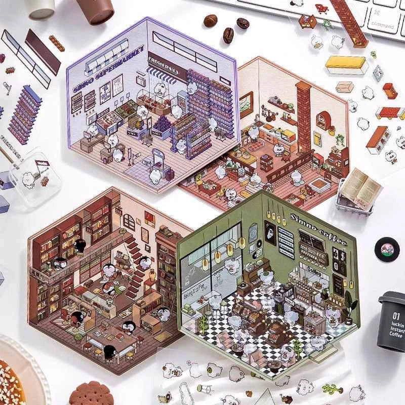 3D Scene Stickers - 8 Themes - Supermarket | Bookstore | Coffee Shop | Restaurant | Warm Home | Hot Spring | Gymnasium | Music Bar - SNSEASY