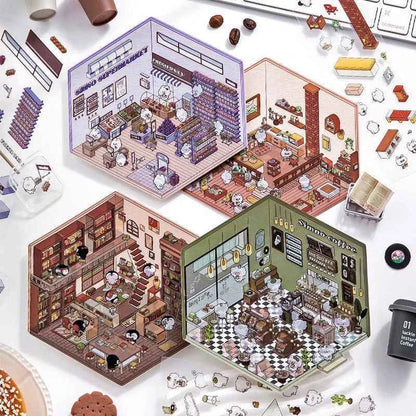 3D Scene Stickers - 8 Themes - Supermarket | Bookstore | Coffee Shop | Restaurant | Warm Home | Hot Spring | Gymnasium | Music Bar - SNSEASY