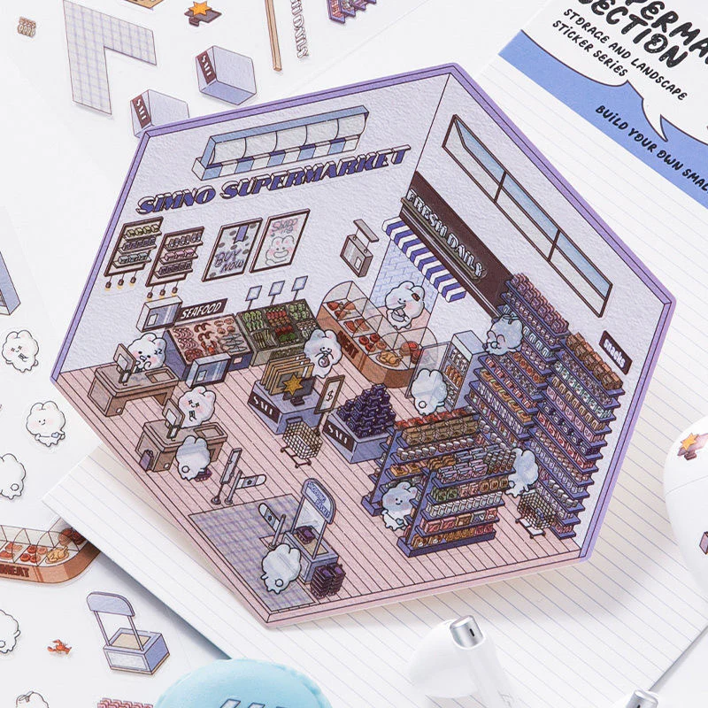 3D Scene Stickers - 8 Themes - Supermarket | Bookstore | Coffee Shop | Restaurant | Warm Home | Hot Spring | Gymnasium | Music Bar - SNSEASY