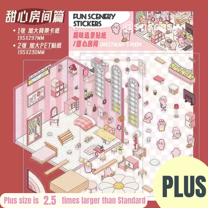 3D Scene Stickers - 8 Themes - Supermarket | Bookstore | Coffee Shop | Restaurant | Warm Home | Hot Spring | Gymnasium | Music Bar - SNSEASY