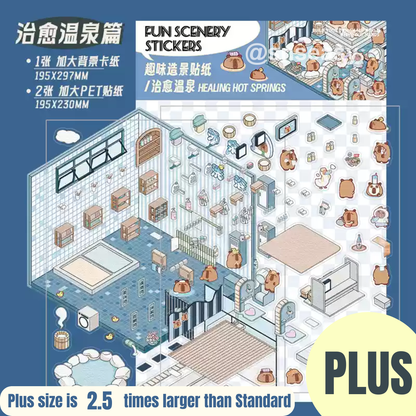 3D Scene Stickers - 8 Themes - Supermarket | Bookstore | Coffee Shop | Restaurant | Warm Home | Hot Spring | Gymnasium | Music Bar - SNSEASY
