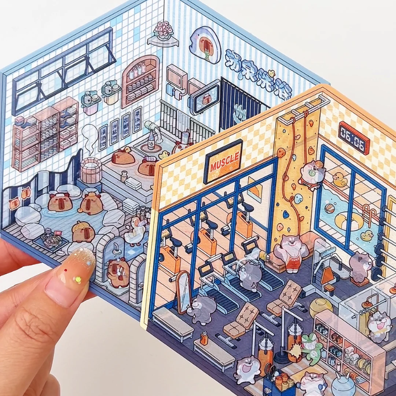 3D Scene Stickers - 8 Themes - Supermarket | Bookstore | Coffee Shop | Restaurant | Warm Home | Hot Spring | Gymnasium | Music Bar - SNSEASY