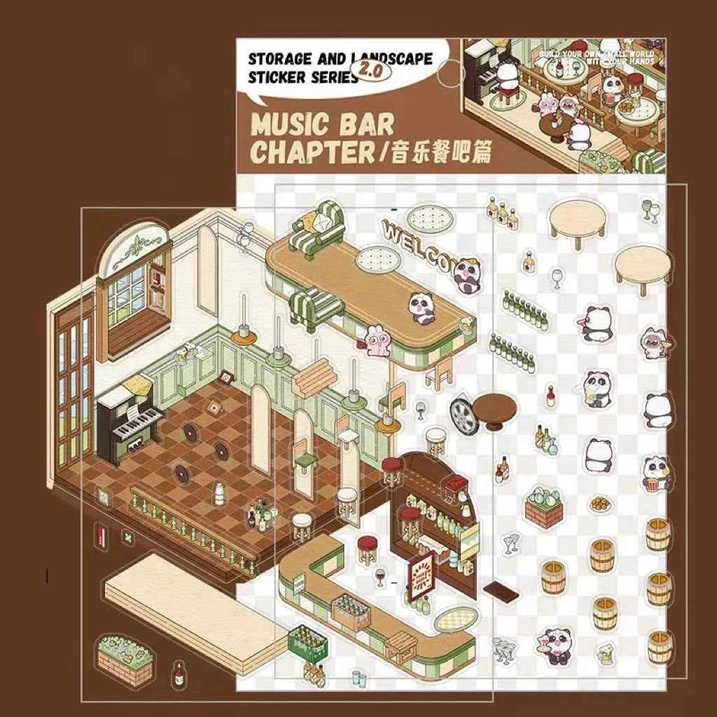 3D Scene Stickers - 8 Themes - Supermarket | Bookstore | Coffee Shop | Restaurant | Warm Home | Hot Spring | Gymnasium | Music Bar - SNSEASY