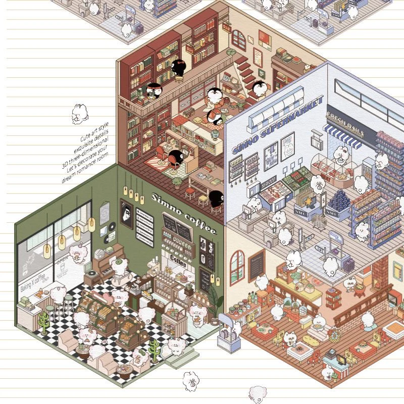 3D Scene Stickers - 8 Themes - Supermarket | Bookstore | Coffee Shop | Restaurant | Warm Home | Hot Spring | Gymnasium | Music Bar - SNSEASY