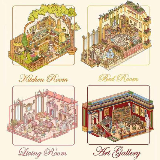 European Cottage – 3D DIY Miniature Sticker Scenes - 4 Theme Sets: Kitchen Room | Bedroom | Living Room | Art Gallery