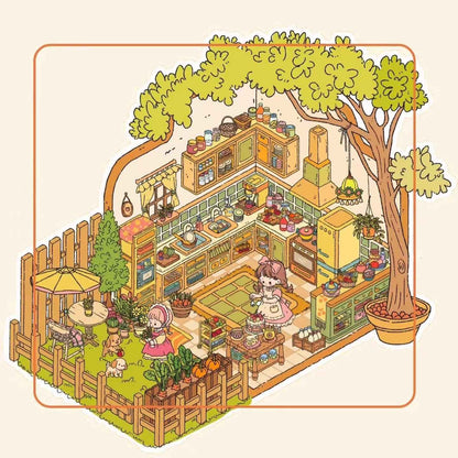 European Cottage – 3D DIY Miniature Sticker Scenes - 4 Theme Sets: Kitchen Room | Bedroom | Living Room | Art Gallery
