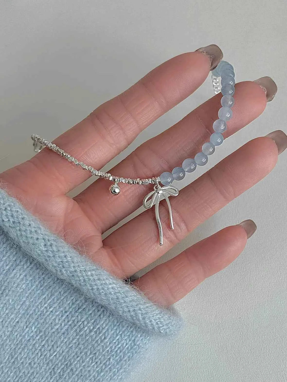 "Cool Blue Elegance" 925 Sterling Silver Blue Gemstone Bracelet with Bowknot - Chilly Chic, Ins Style, Unique Design