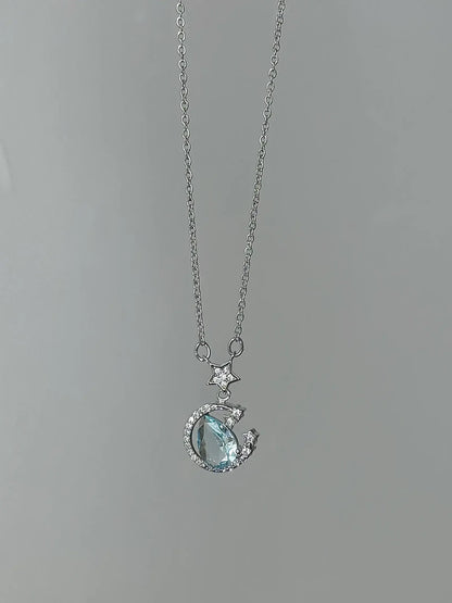 "Starry River Tranquility" Blue Star and Moon Pendant Necklace - Unique, Gentle, and Cool Chic in 925 Sterling Silver - SNSEASY