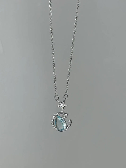 "Starry River Tranquility" Blue Star and Moon Pendant Necklace - Unique, Gentle, and Cool Chic in 925 Sterling Silver - SNSEASY