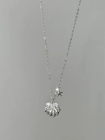 "Silken Star Kiss" 925 Sterling Silver White Gold-Plated Shell Necklace - Delicate, Elegant, and Sparkling - SNSEASY