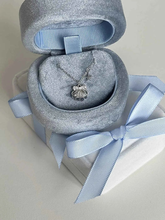 "Silken Star Kiss" 925 Sterling Silver White Gold-Plated Shell Necklace - Delicate, Elegant, and Sparkling