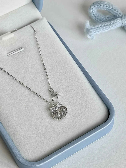 "Silken Star Kiss" 925 Sterling Silver White Gold-Plated Shell Necklace - Delicate, Elegant, and Sparkling