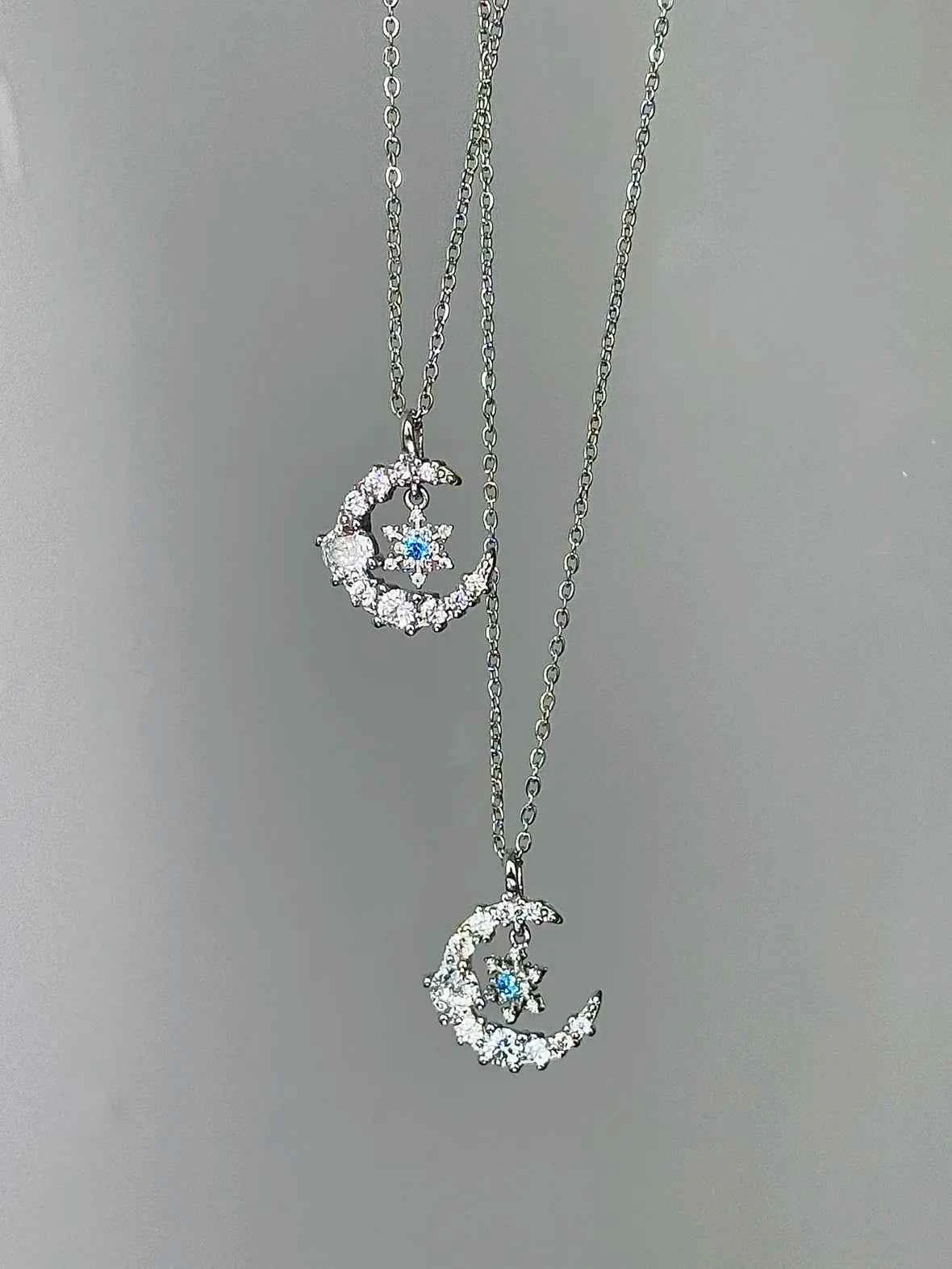 "Snow Dance Moonlight" 925 Sterling Silver Blue Diamond Snowflake Necklace - Cool Elegance and Gentle Charm