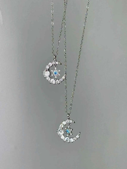 "Snow Dance Moonlight" 925 Sterling Silver Blue Diamond Snowflake Necklace - Cool Elegance and Gentle Charm