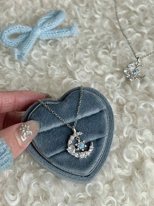 "Snow Dance Moonlight" 925 Sterling Silver Blue Diamond Snowflake Necklace - Cool Elegance and Gentle Charm
