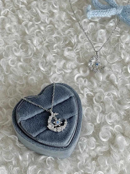 "Snow Dance Moonlight" 925 Sterling Silver Blue Diamond Snowflake Necklace - Cool Elegance and Gentle Charm