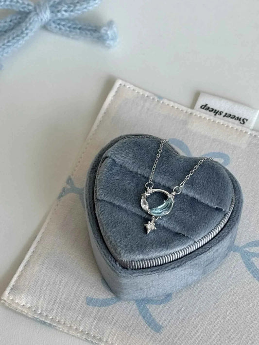 "Ice Moon Lake" 925 Sterling Silver Blue Star and Moon Pendant Necklace - Cool, Ethereal, and Unique