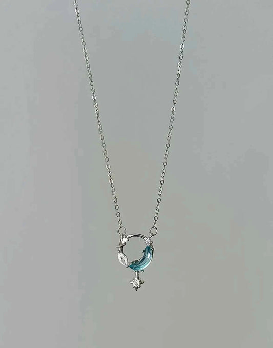 "Ice Moon Lake" 925 Sterling Silver Blue Star and Moon Pendant Necklace - Cool, Ethereal, and Unique