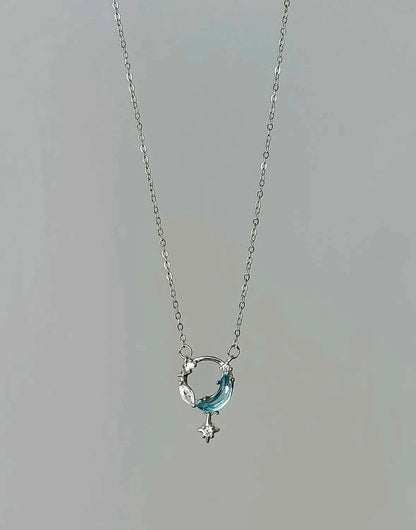 "Ice Moon Lake" 925 Sterling Silver Blue Star and Moon Pendant Necklace - Cool, Ethereal, and Unique