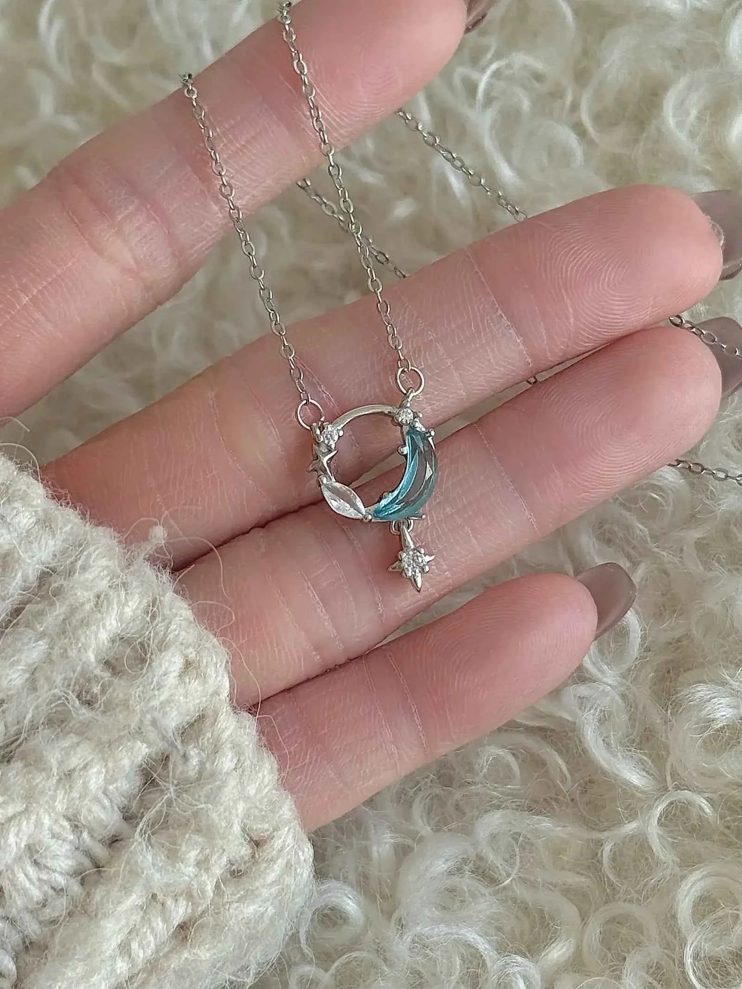 "Ice Moon Lake" 925 Sterling Silver Blue Star and Moon Pendant Necklace - Cool, Ethereal, and Unique